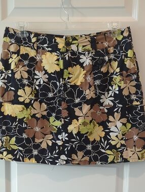 Floral Cotton Blend Mini Skort - Black with Yellow, Brown & Green Floral
